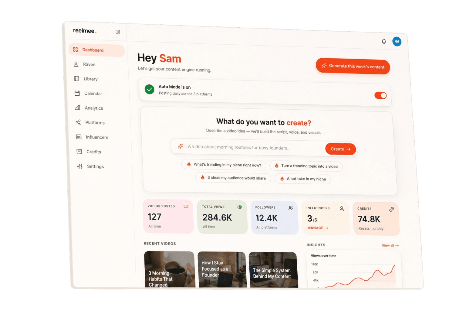 Reelmee dashboard — AI script, voice clone, video generation, and auto-posting
